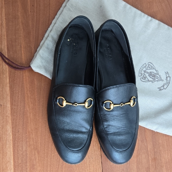 Gucci Black Leather Slip-On Loafers with Gold Detail
